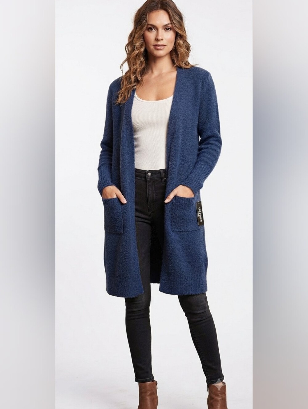 Open-Front Navy Longline Women's Cardigan with Pockets
